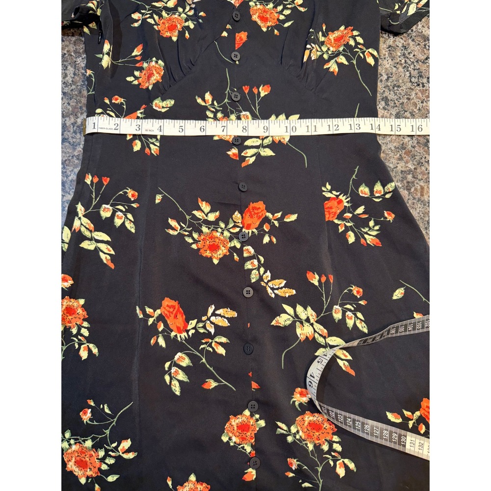Floral V-Neck Button Front Tea Dress Short Sleeve Black Orange Rose Print - Picture 4 of 6